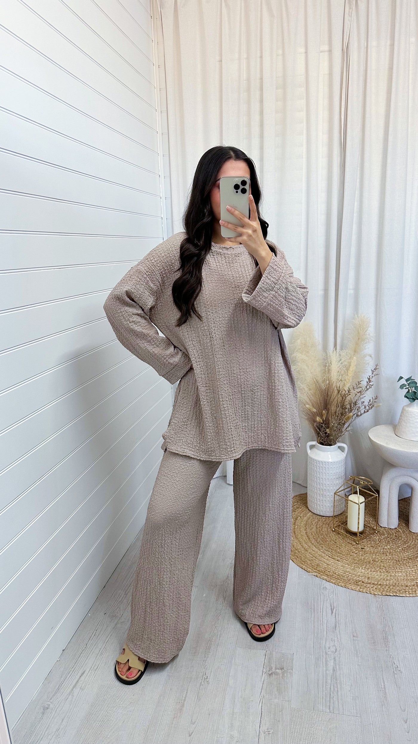 Loose Fit Cheesecloth Long Sleeve Top and Trousers Co-Ord - BEIGE