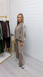 Classic Stripe Jacket and Wide Leg Joggers Tracksuit - MOCHA