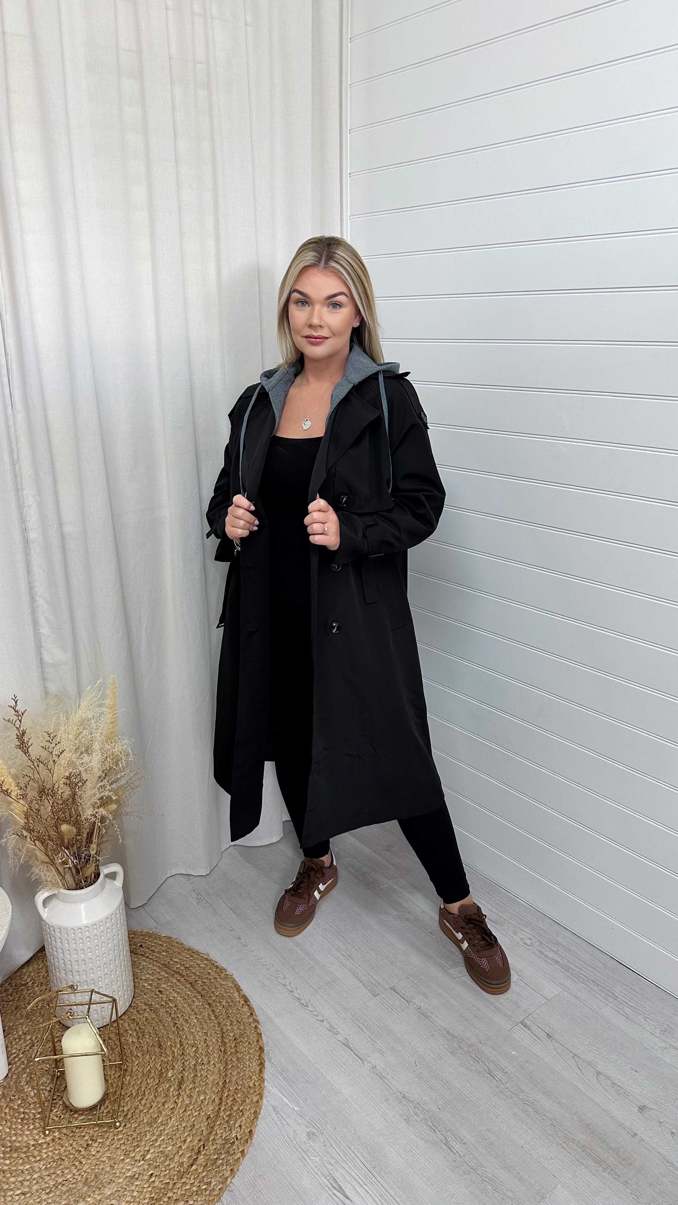 Premium Hooded Lightweight Mac - BLACK/GREY