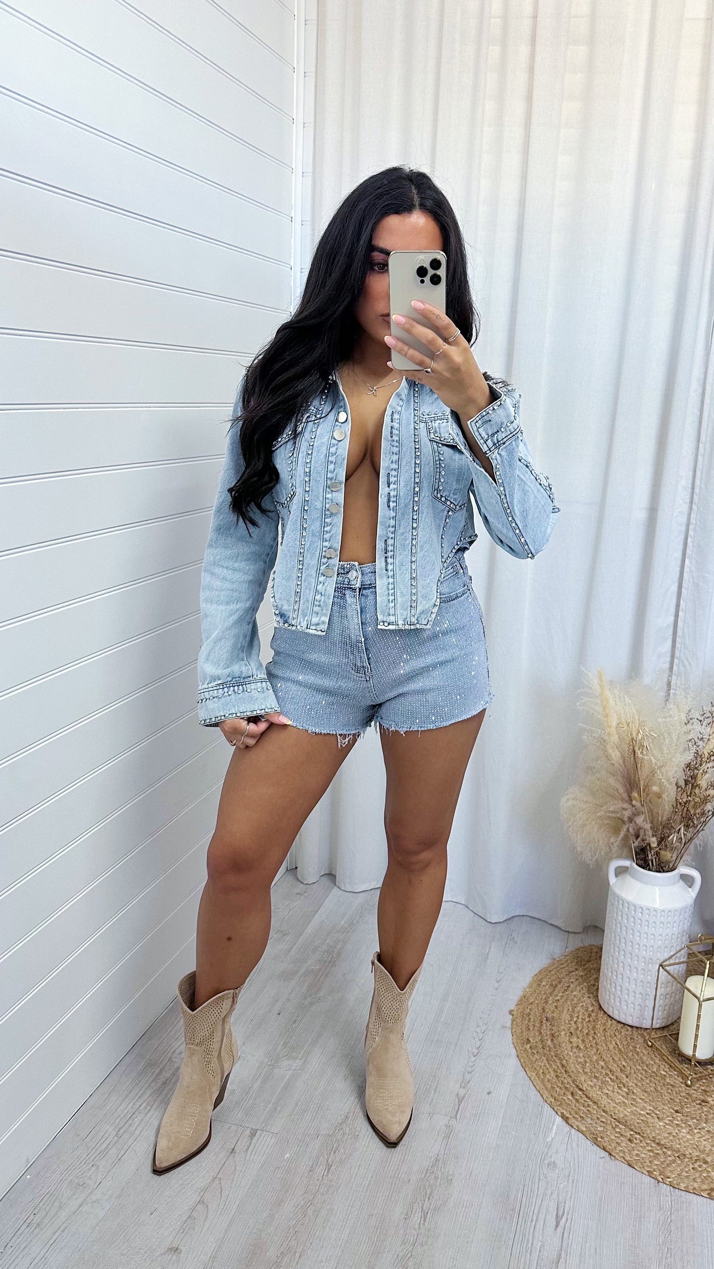 Diamante Tassel Denim Jacket - LIGHT WASH BLUE