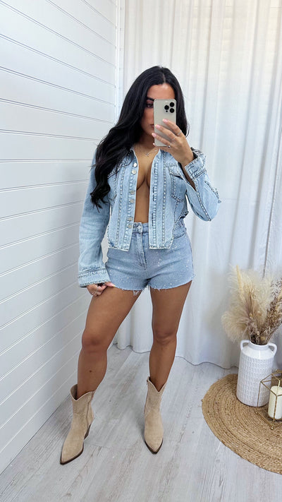 Diamante Tassel Denim Jacket - LIGHT WASH BLUE