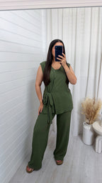 Wrap Over Sleeveless Top and Trousers Co-Ord - KHAKI