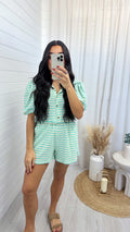 Stripey Knit Cropped Shirt and Shorts Co-Ord - TURQUOISE