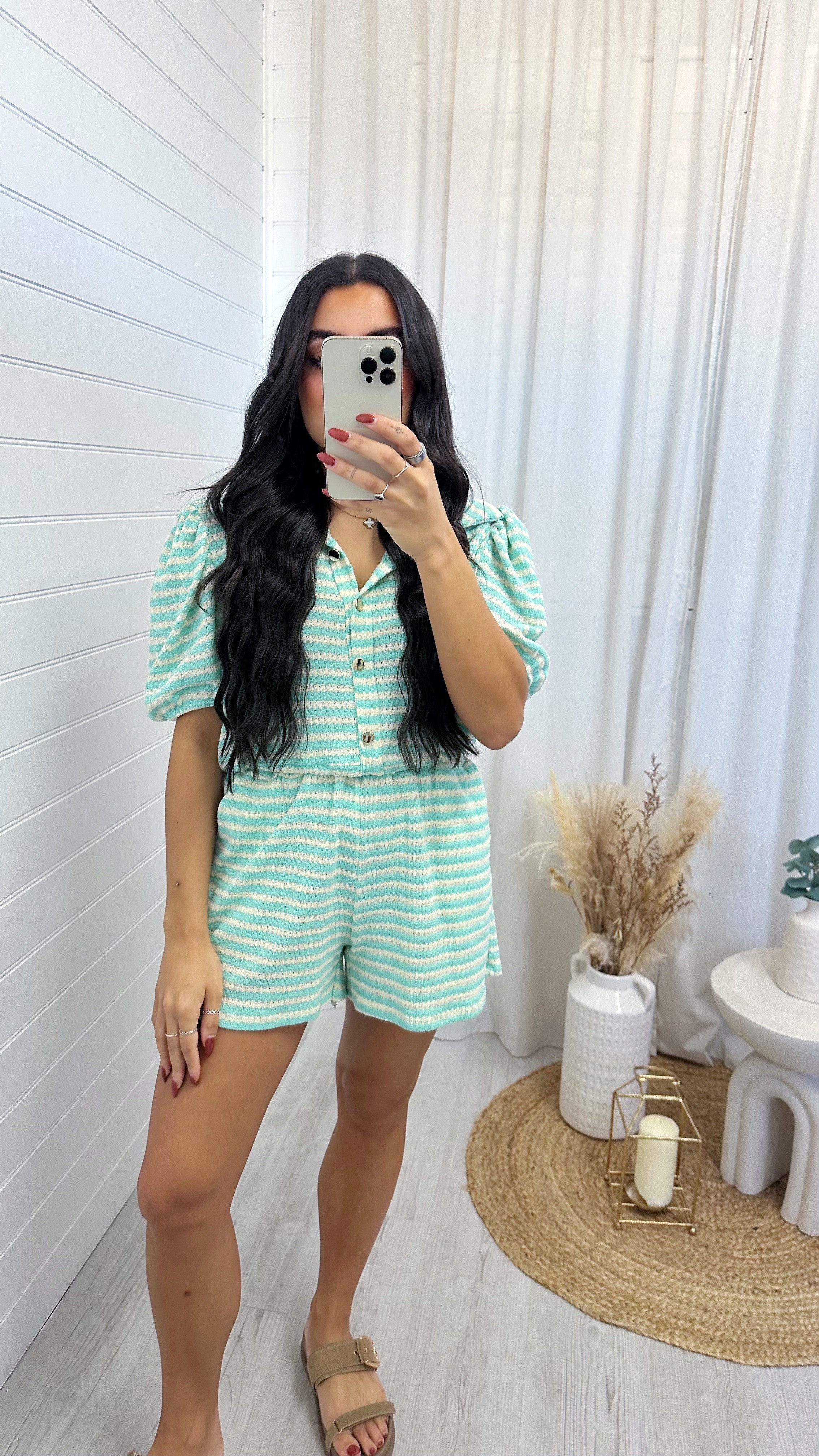 Stripey Knit Cropped Shirt and Shorts Co-Ord - TURQUOISE