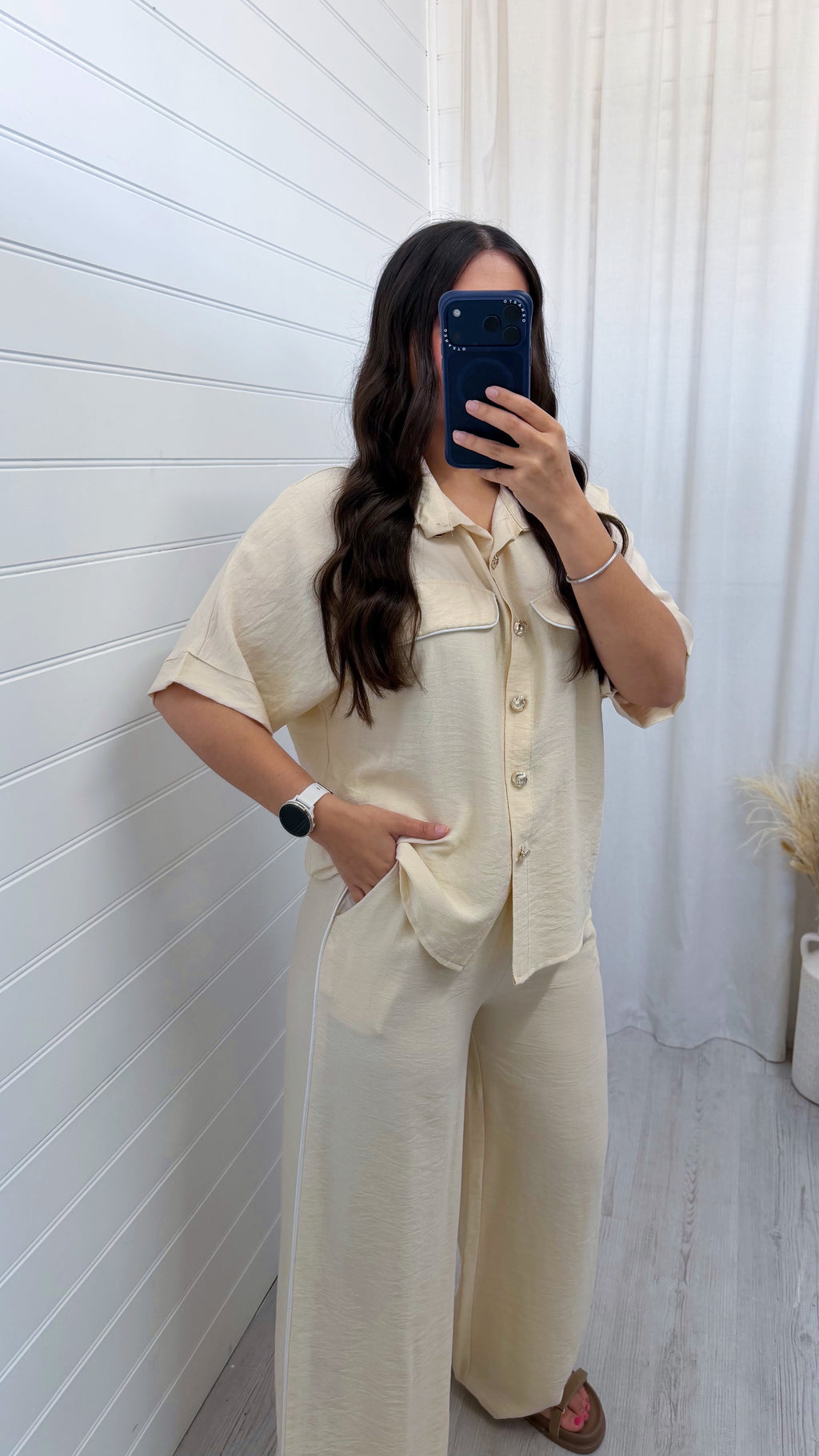 White Piped Shirt and Trousers Co-Ord - BEIGE