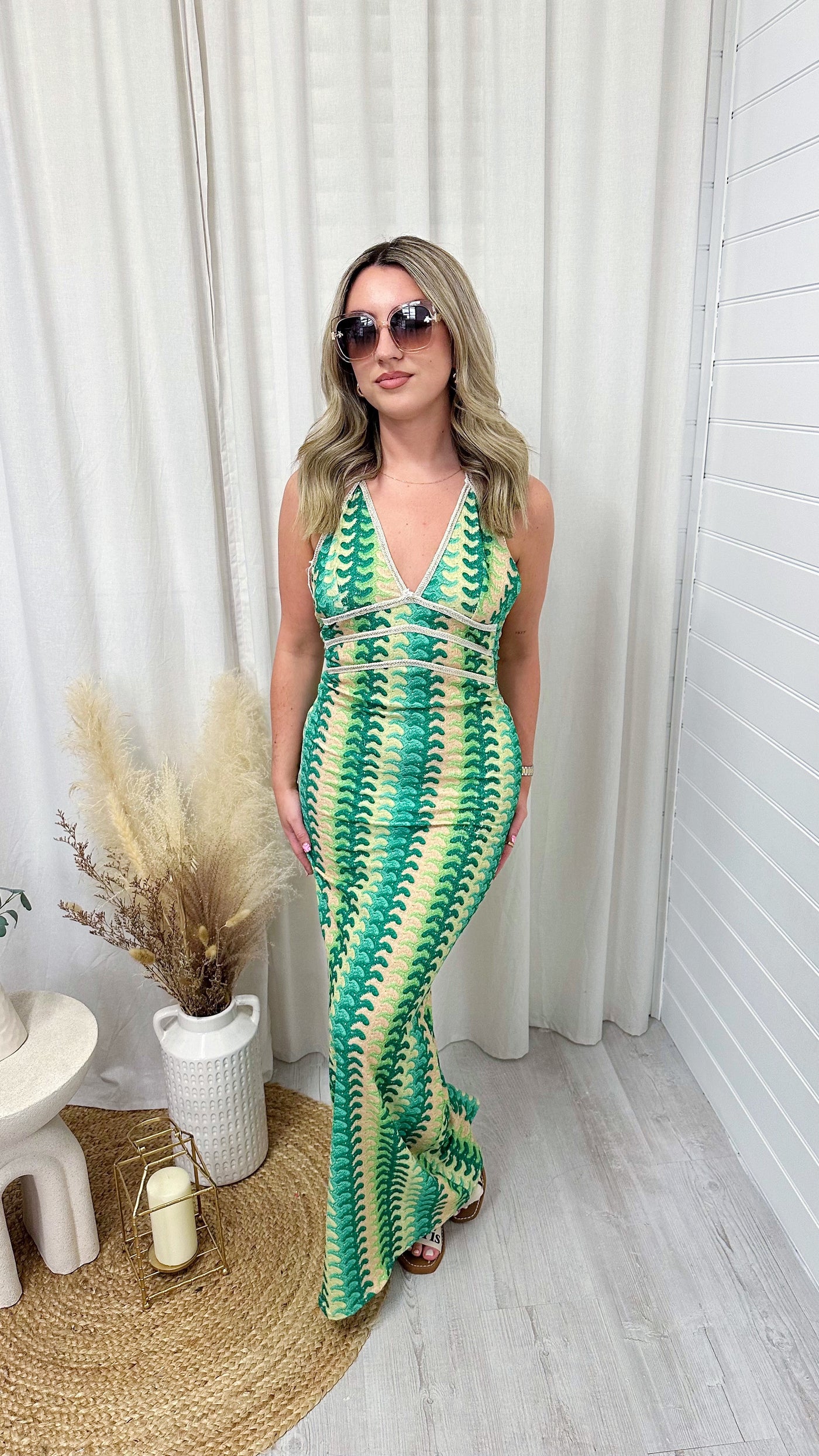 Halter Neck Patterned Maxi Dress - GREEN