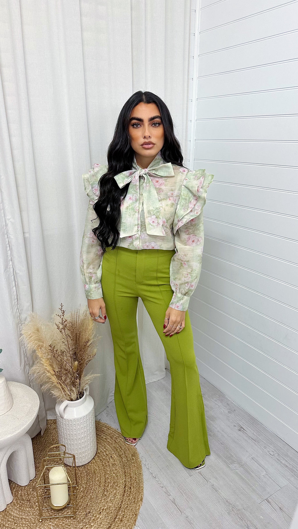 Seam Front Flared Slim Fit Trousers - OLIVE