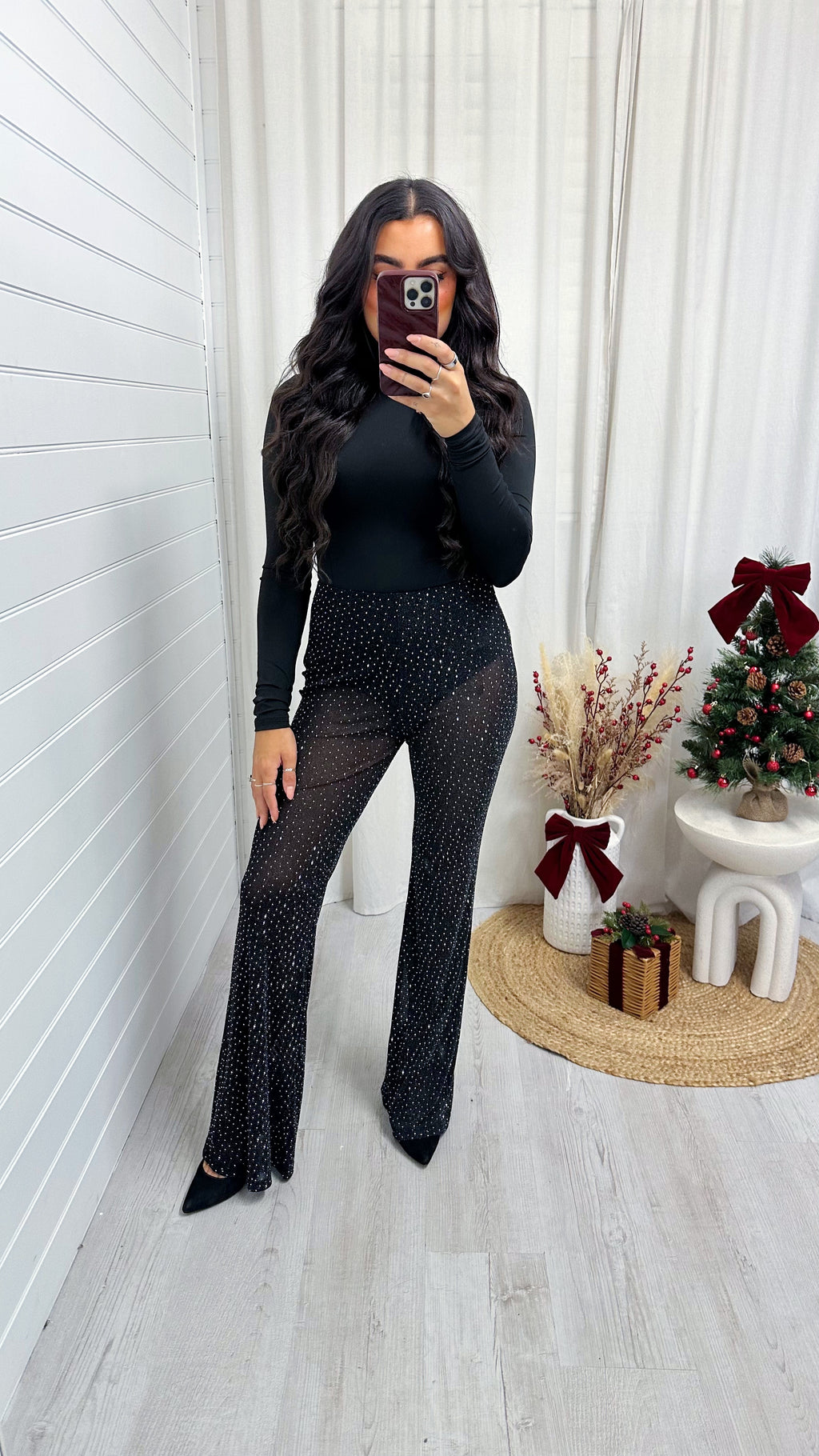 Rhinestone Mesh Flare Trousers - BLACK