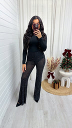Rhinestone Mesh Flare Trousers - BLACK