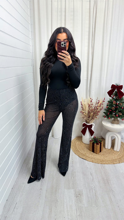 Rhinestone Mesh Flare Trousers - BLACK