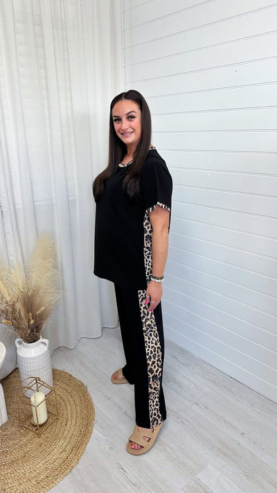 PLUS Leopard Trim Top and Trousers Co-Ord - BLACK