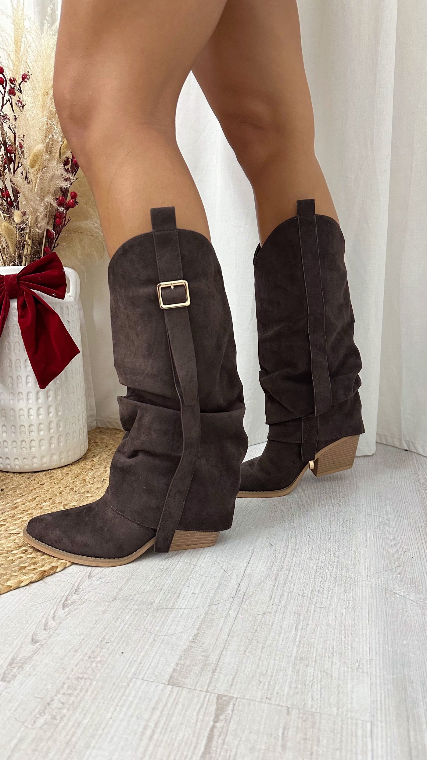 Fold Over Gold Buckle Knee High Cowboy Boots - BROWN