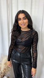 Satin Swirl Mesh Long Sleeve Top - BLACK