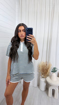 Crochet Stripe Collared Shirt and Shorts - DENIM BLUE
