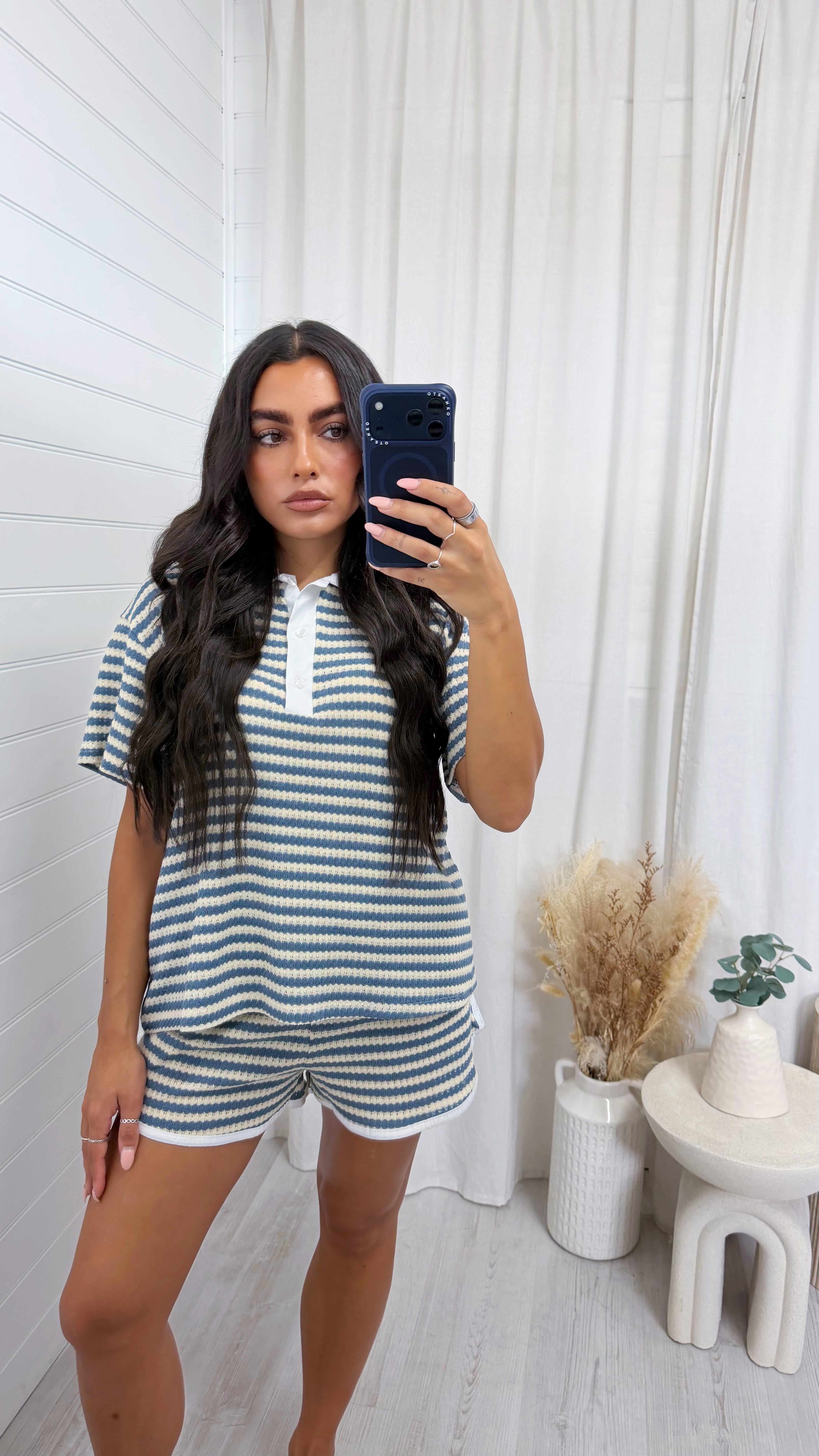 Crochet Stripe Collared Shirt and Shorts - DENIM BLUE