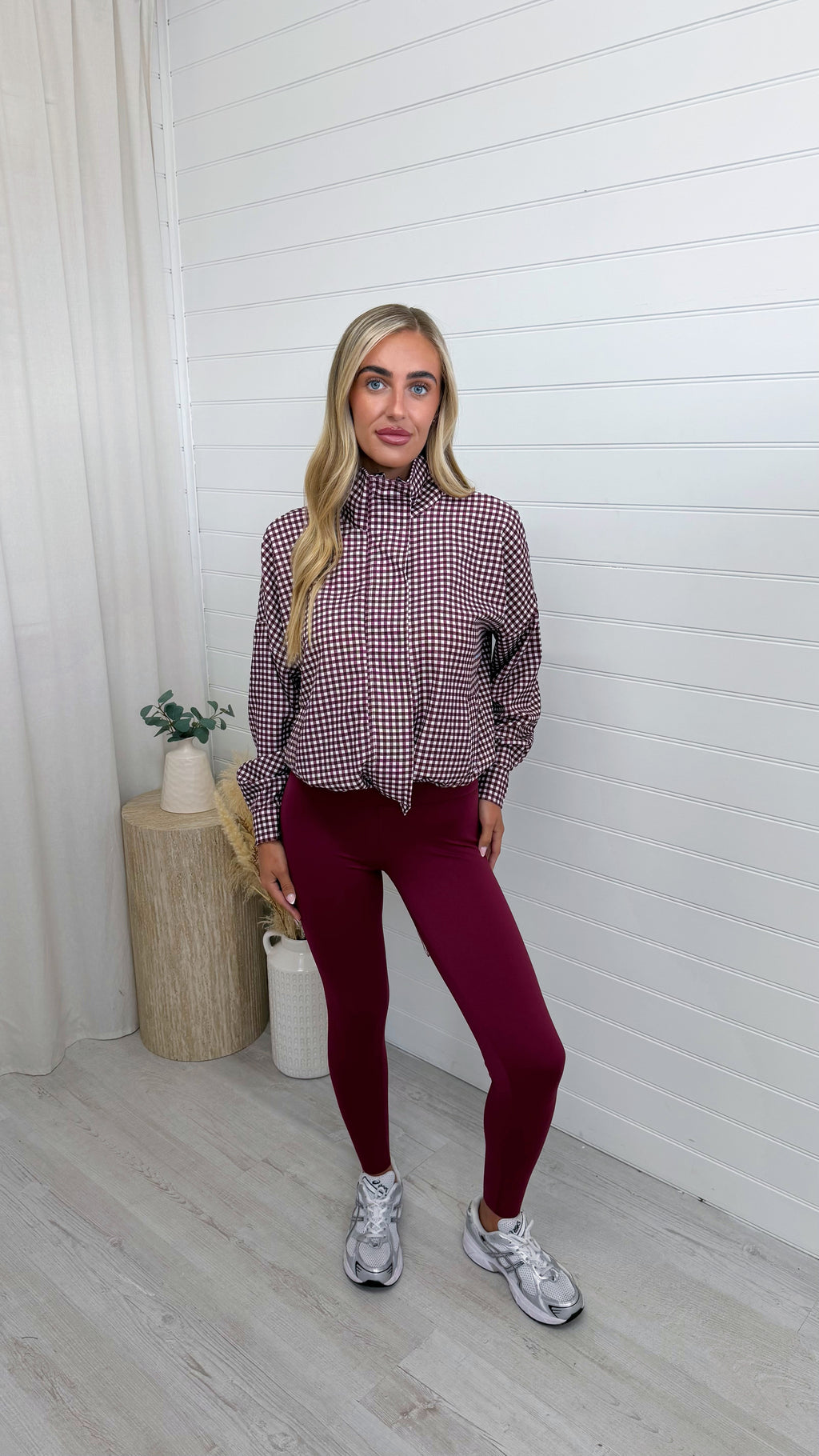 Gingham Toggle Bottom Bomber Jacket - BURGUNDY