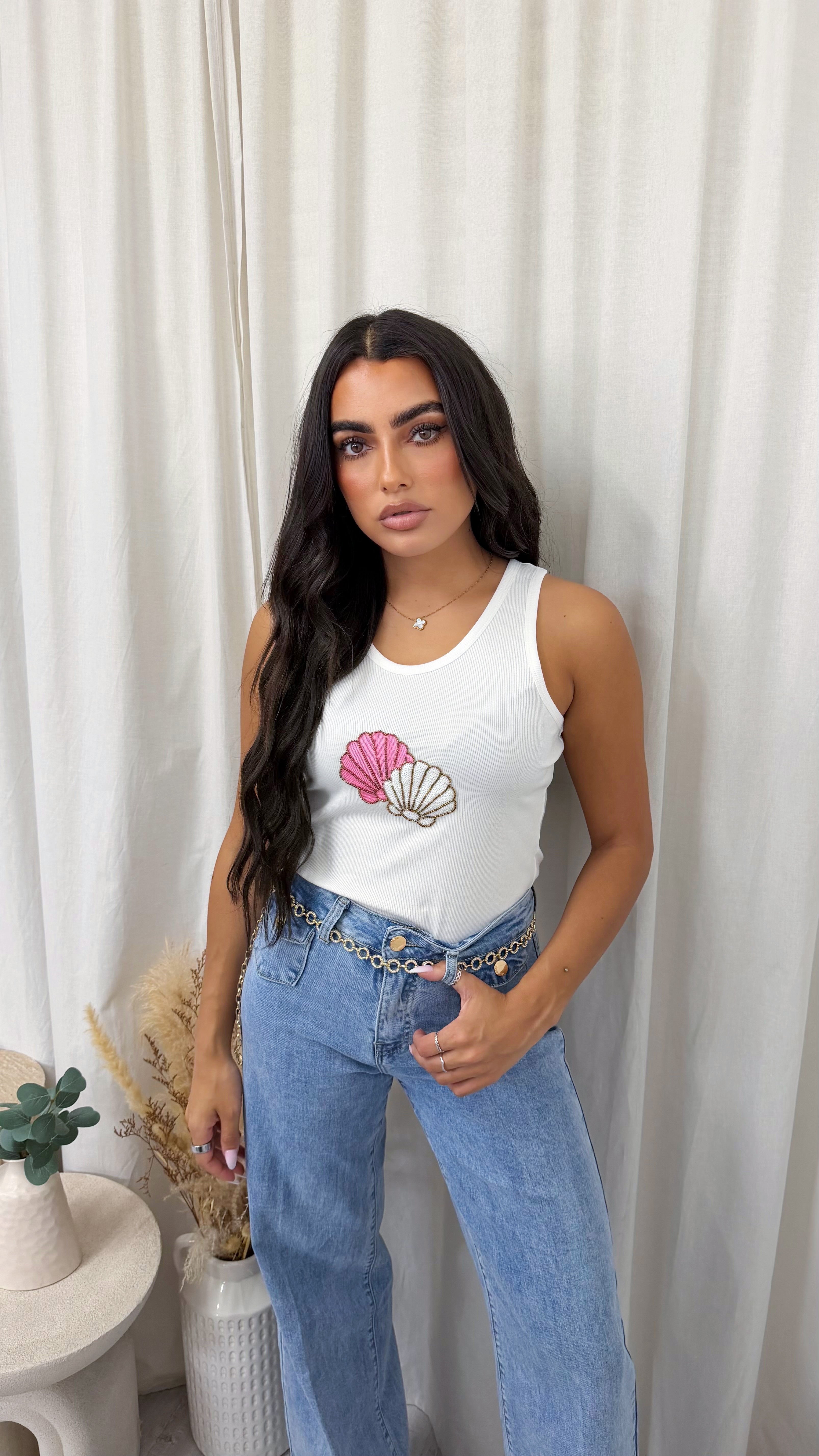 Seashell Beaded Rib Vest Top - PINK/WHITE