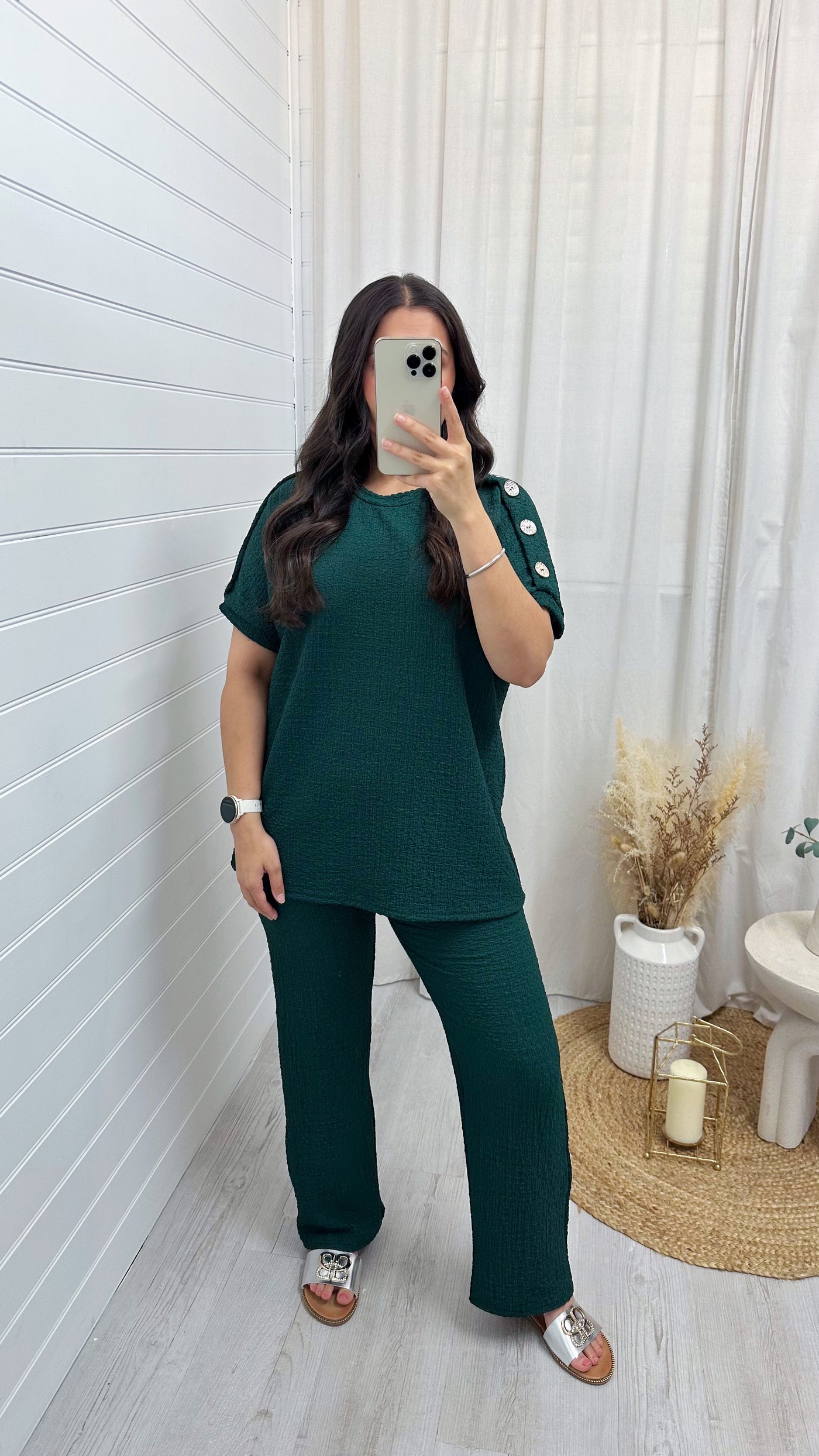 Cheesecloth Gold Button T-Shirt and Trousers Co-Ord - EMERALD GREEN