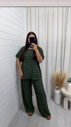 Frill Tiered T-Shirt and Wide Leg Trousers Co-Ord - KHAKI