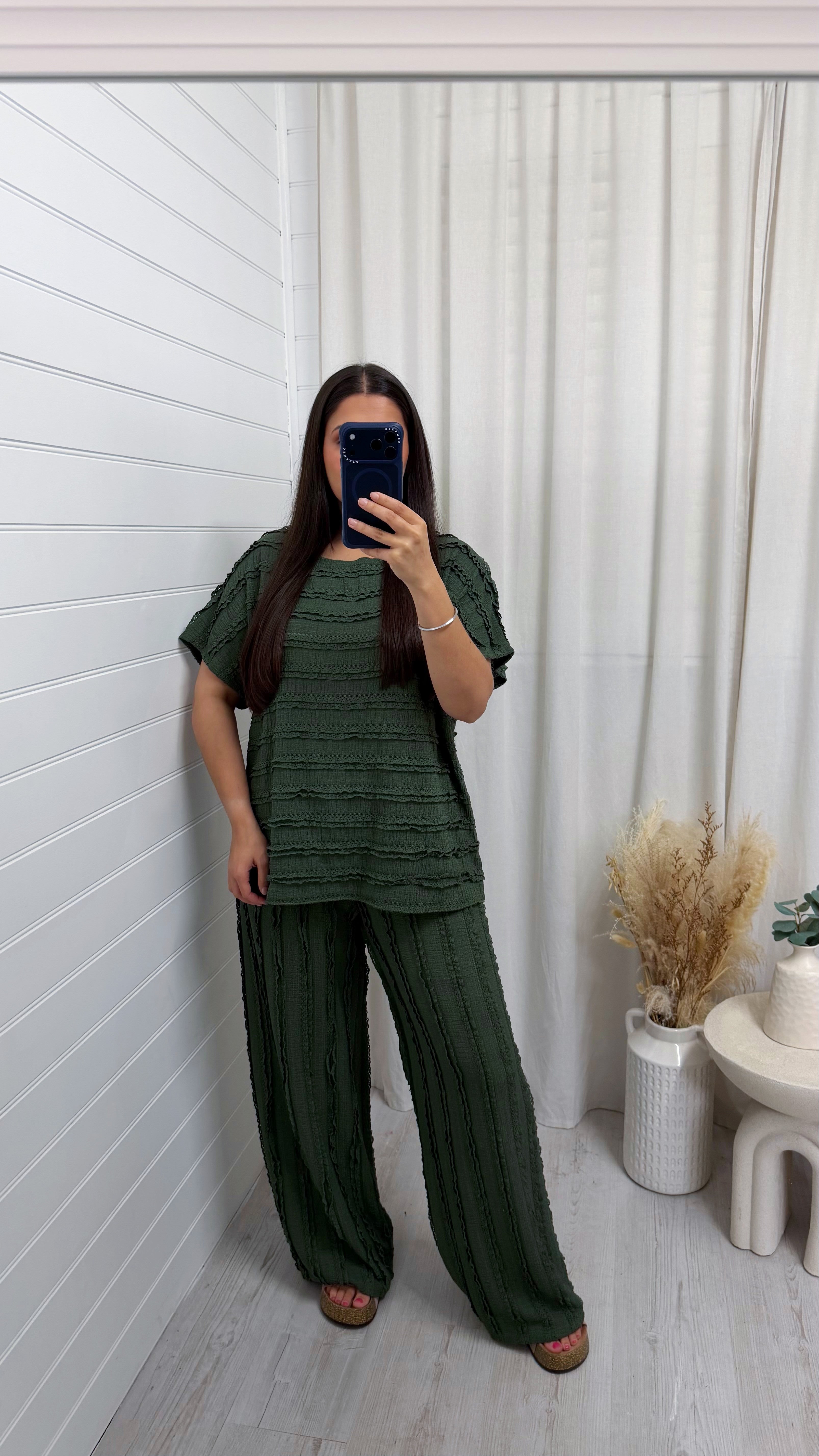Frill Tiered T-Shirt and Wide Leg Trousers Co-Ord - KHAKI