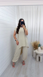 Draped Asymmetric Top and Cuff Trousers Co-Ord - BEIGE