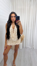 Cowl Neck Sequin Top and Skirt Set - IVORY