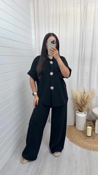 Celestial Gold Button Shirt and Straight Leg Trousers Co-Ord - BLACK