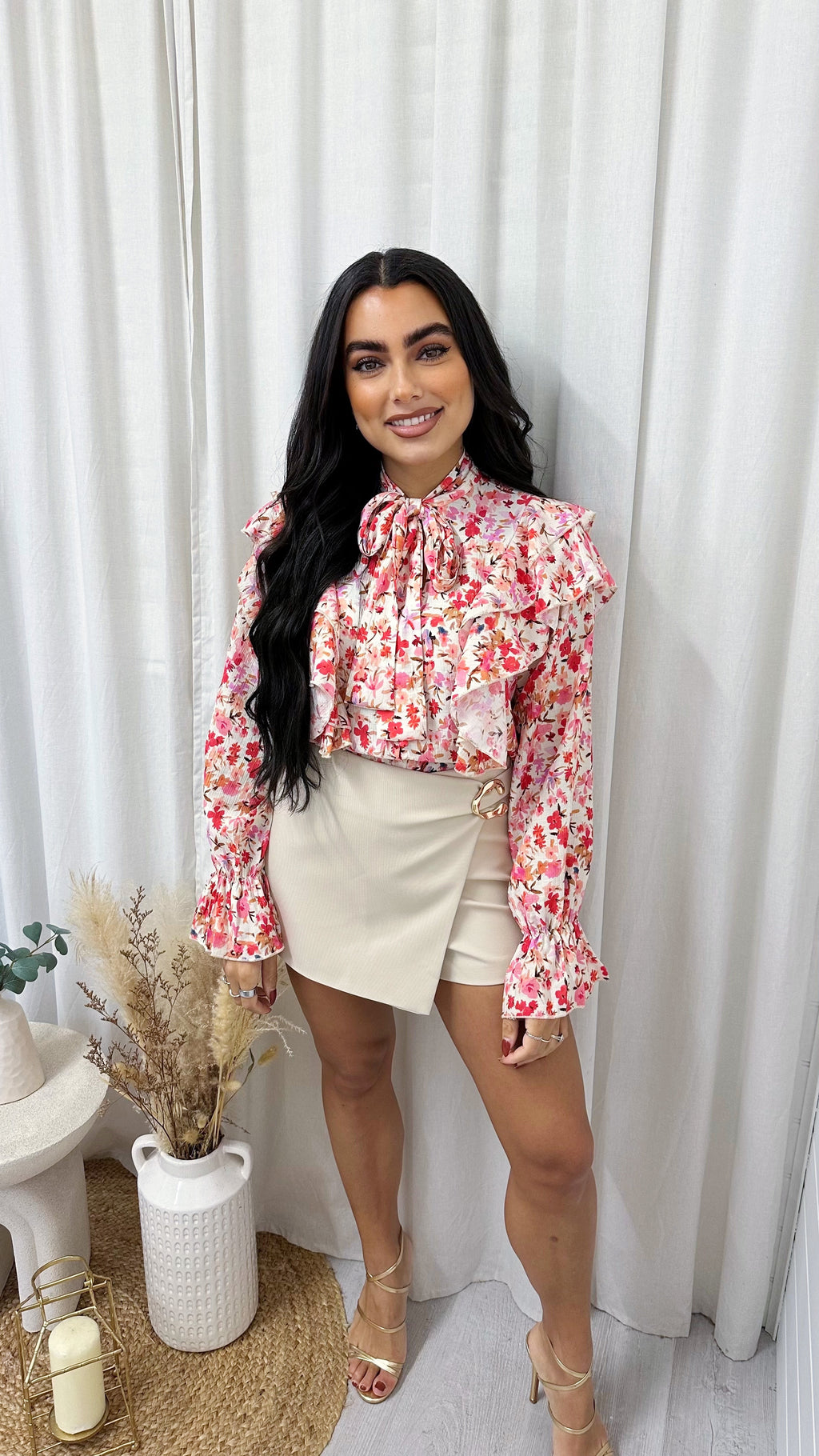 Mini Flower Print Bow Tie Blouse - RED