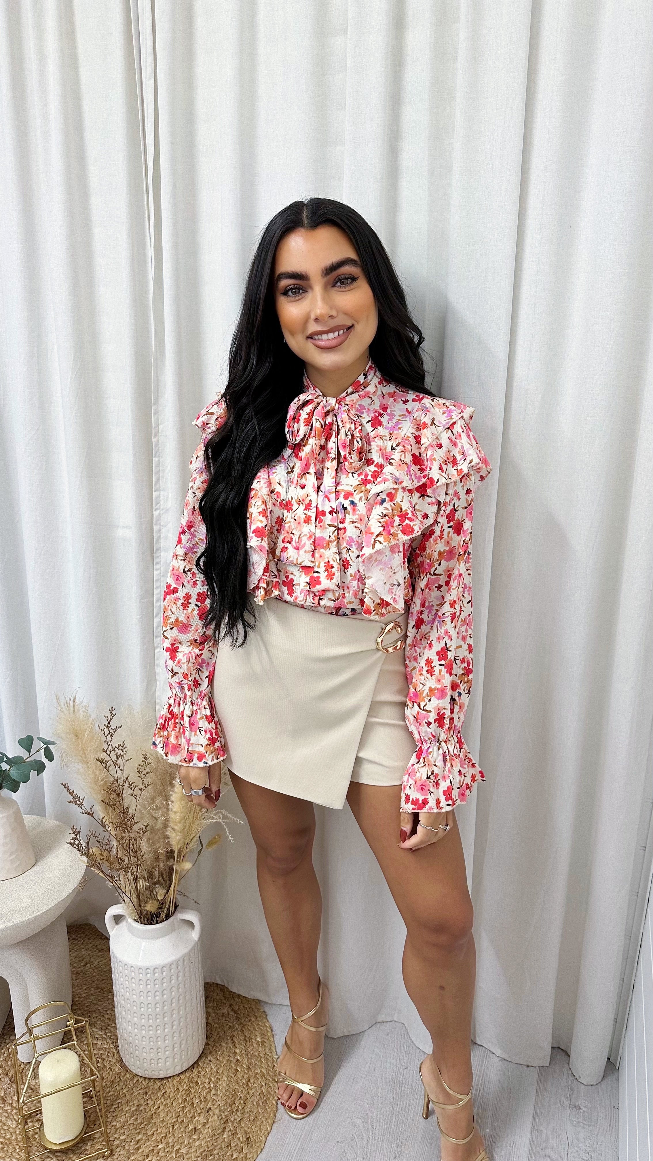 Mini Flower Print Bow Tie Blouse - RED