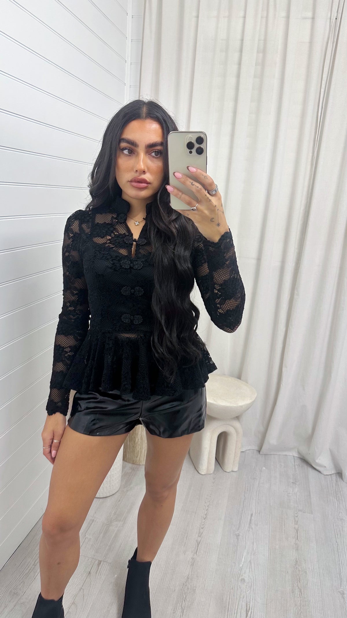 Manderin Neck Long Sleeve Lace Top - BLACK