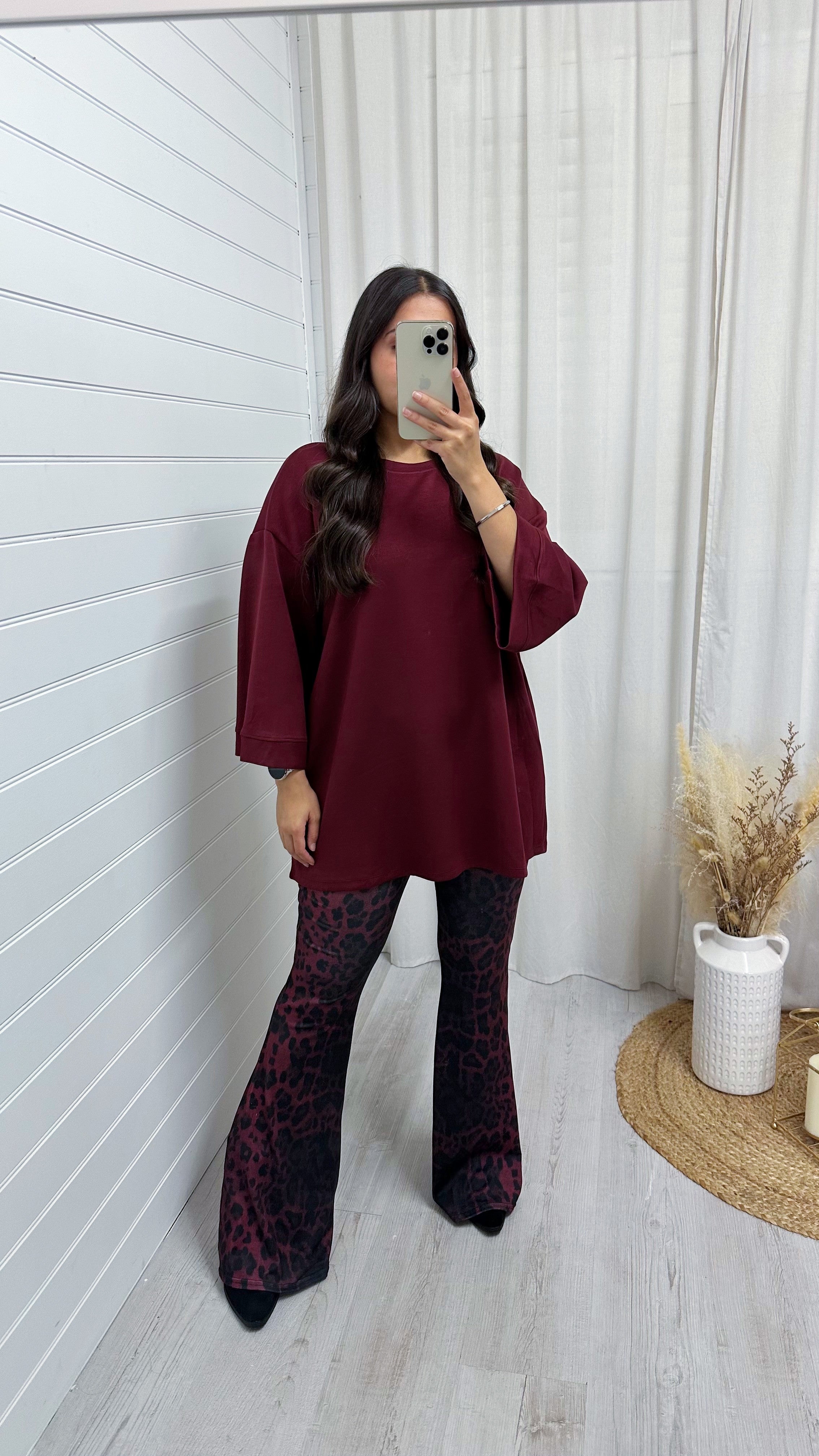 High Waisted Leopard Print Stretchy Flares - WINE