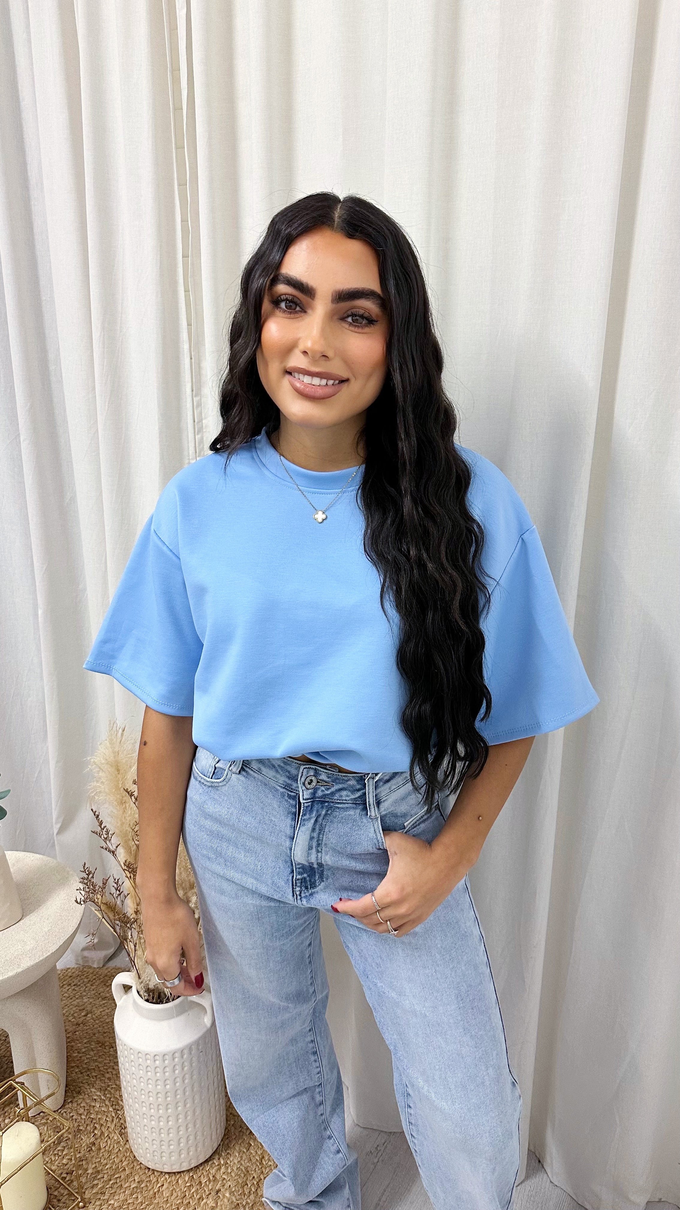 Short Sleeve Gathered Crop T-Shirt - BLUE