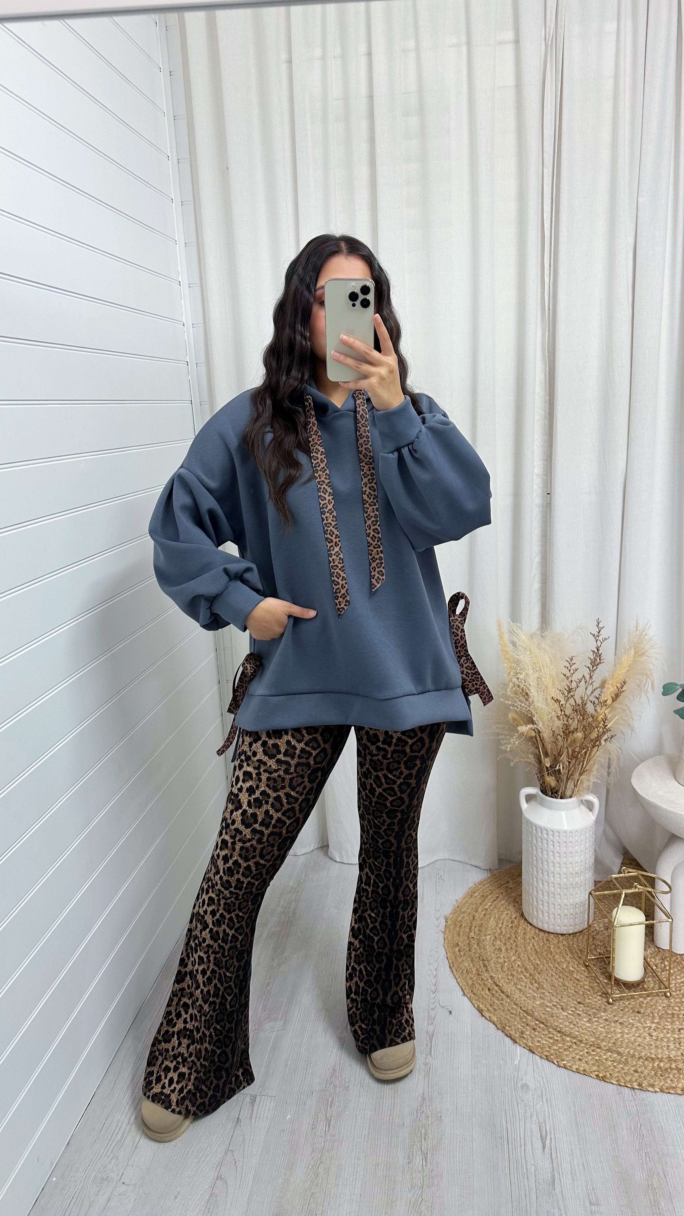Leopard Print Ribbon Side Slit Hoodie - CHARCOAL