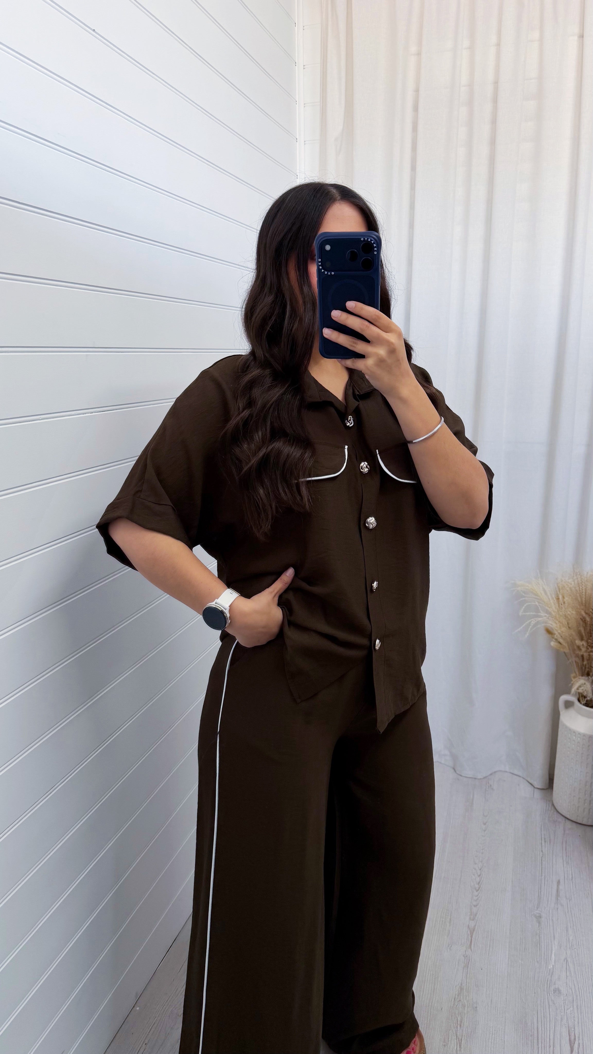 White Piped Shirt and Trousers Co-Ord - BROWN