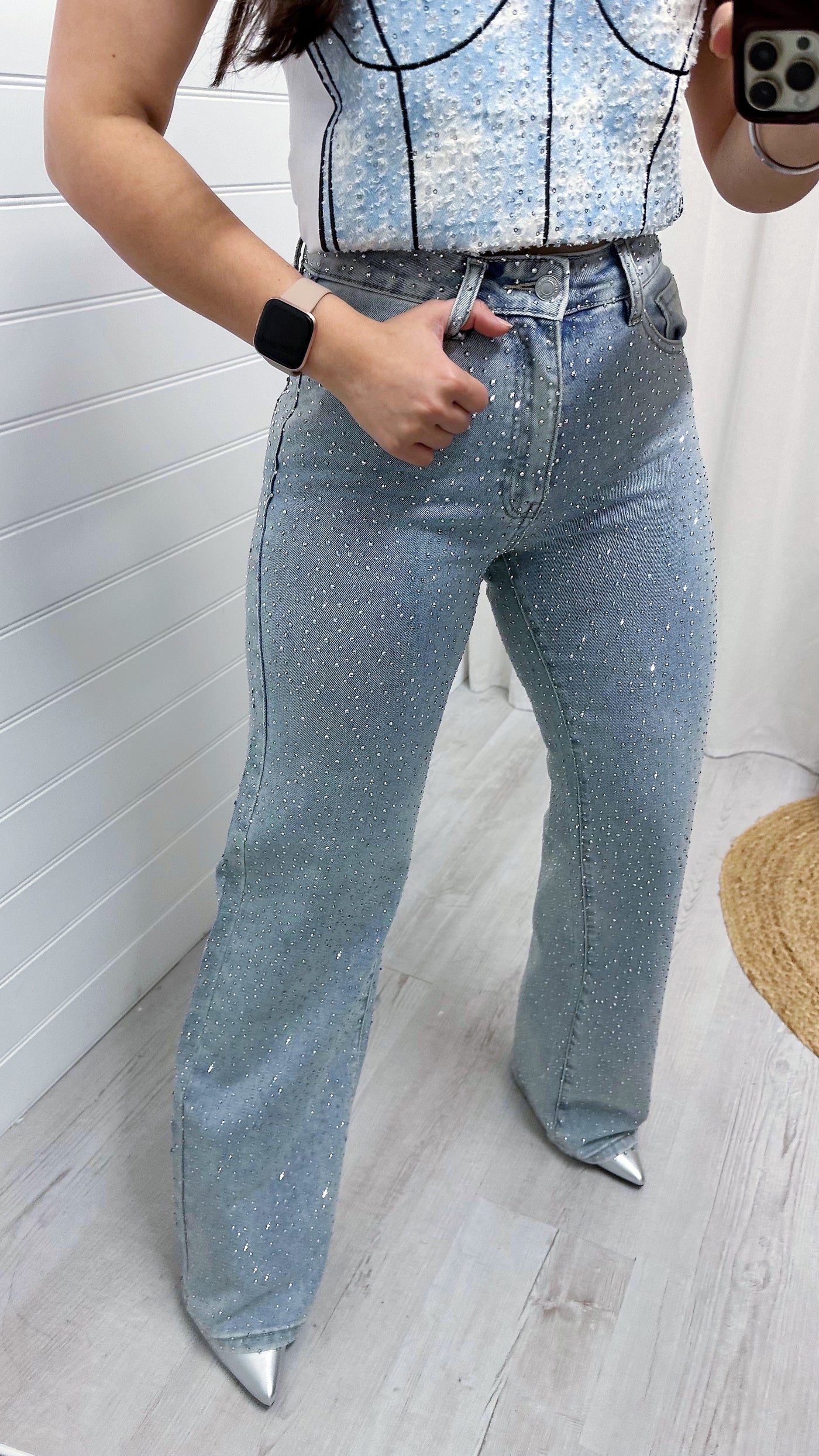 Wide Leg Rhinestone Jeans - BLUE