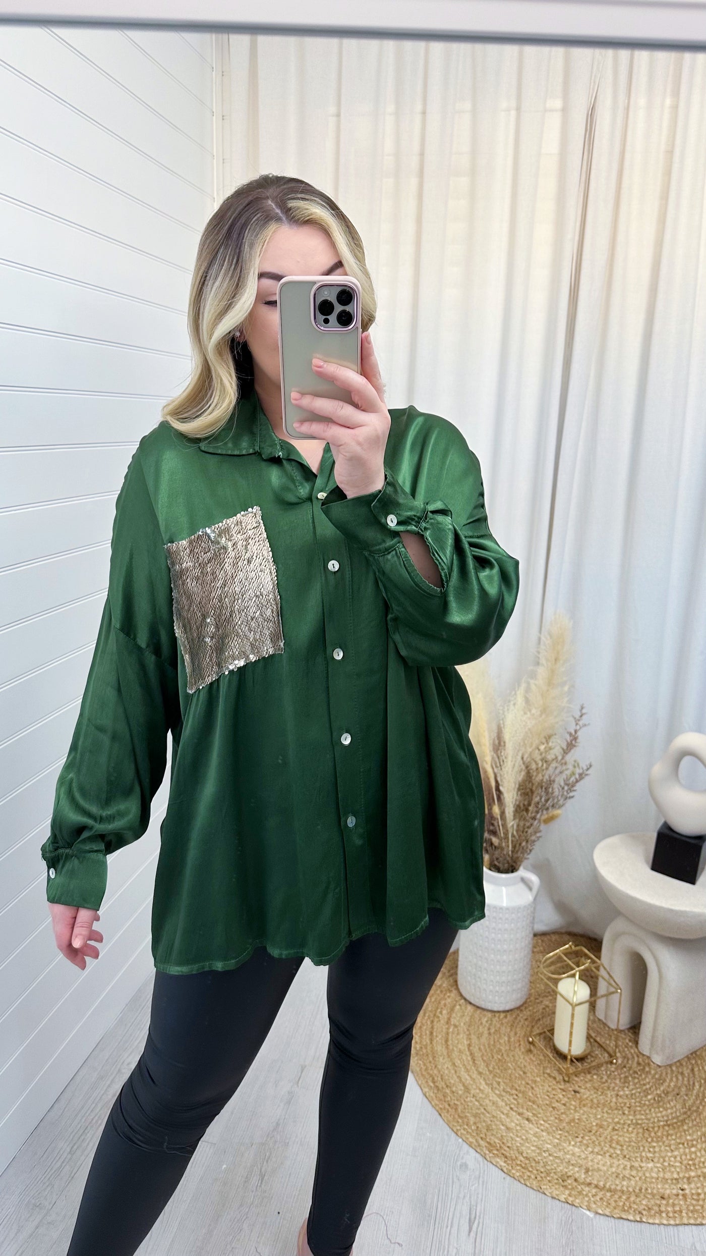 Satin Sequin Pocket Shirt -  GREEN