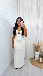 Seashell Buckle Plunge Maxi Dress - CREAM