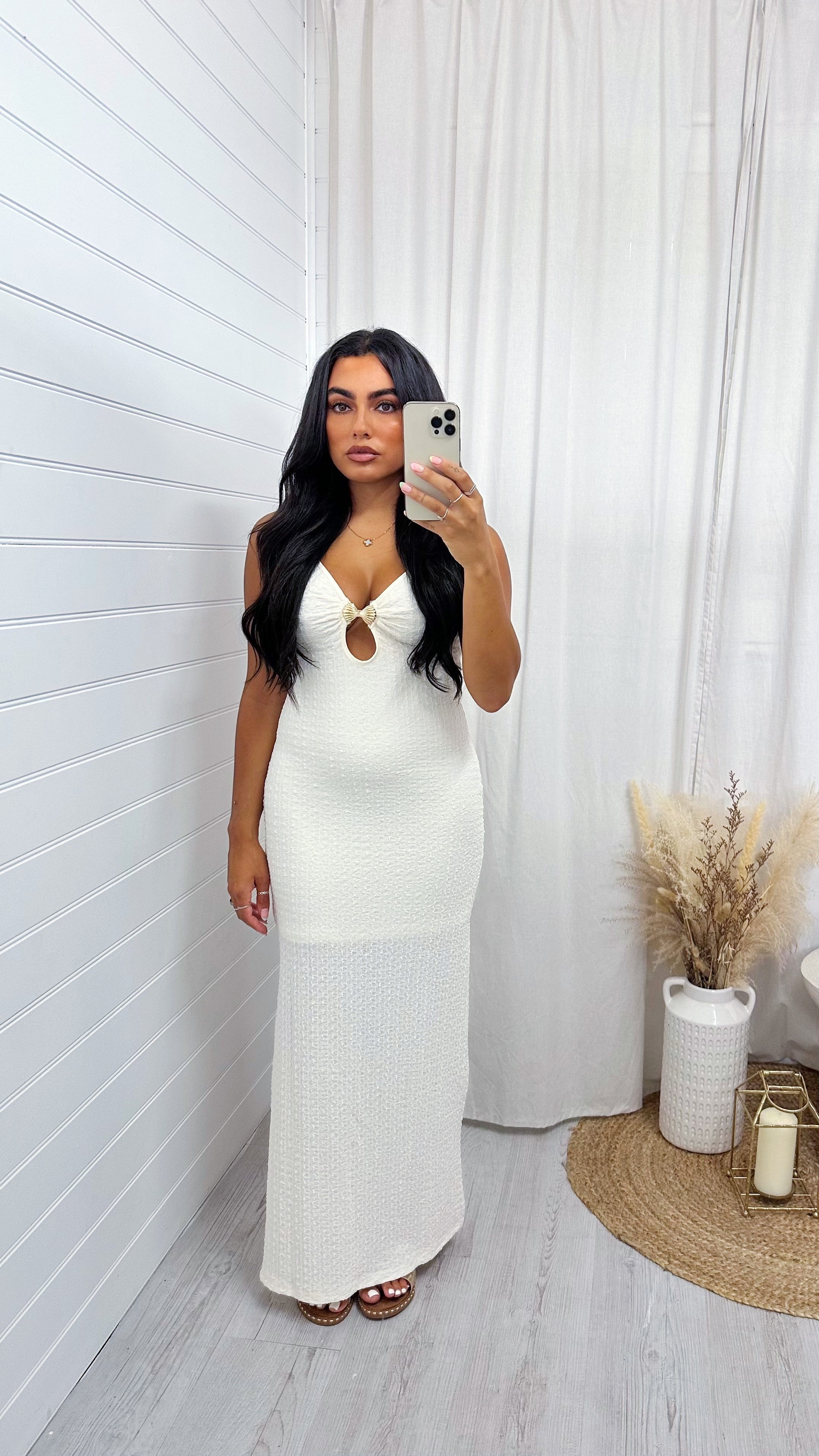 Seashell Buckle Plunge Maxi Dress - CREAM