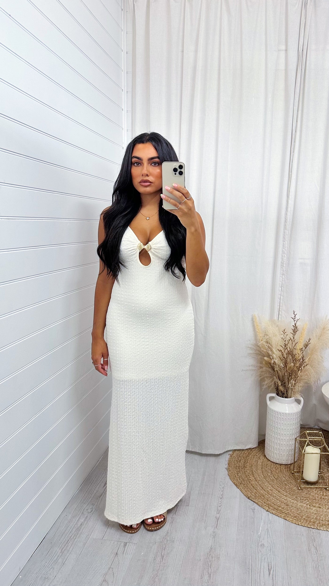 Seashell Buckle Plunge Maxi Dress - CREAM
