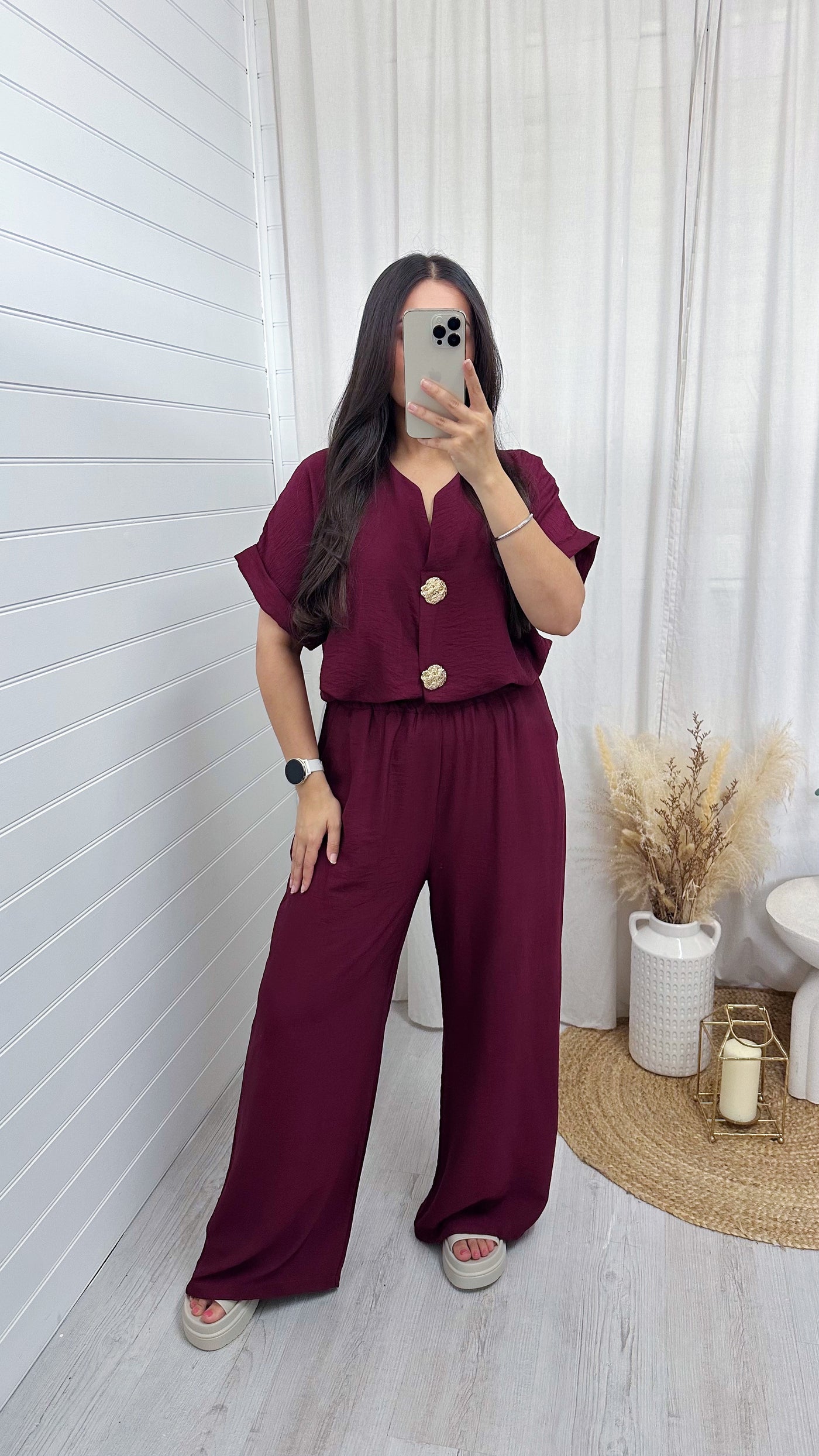 Gold Button V Neck Top and Wide Leg Trousers Co-Ord - WINE