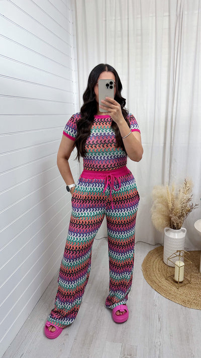 Wavy Crop Top and Straight Leg Trousers Co-Ord - PINK