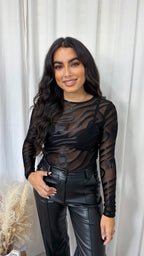 Satin Swirl Mesh Long Sleeve Top - BLACK