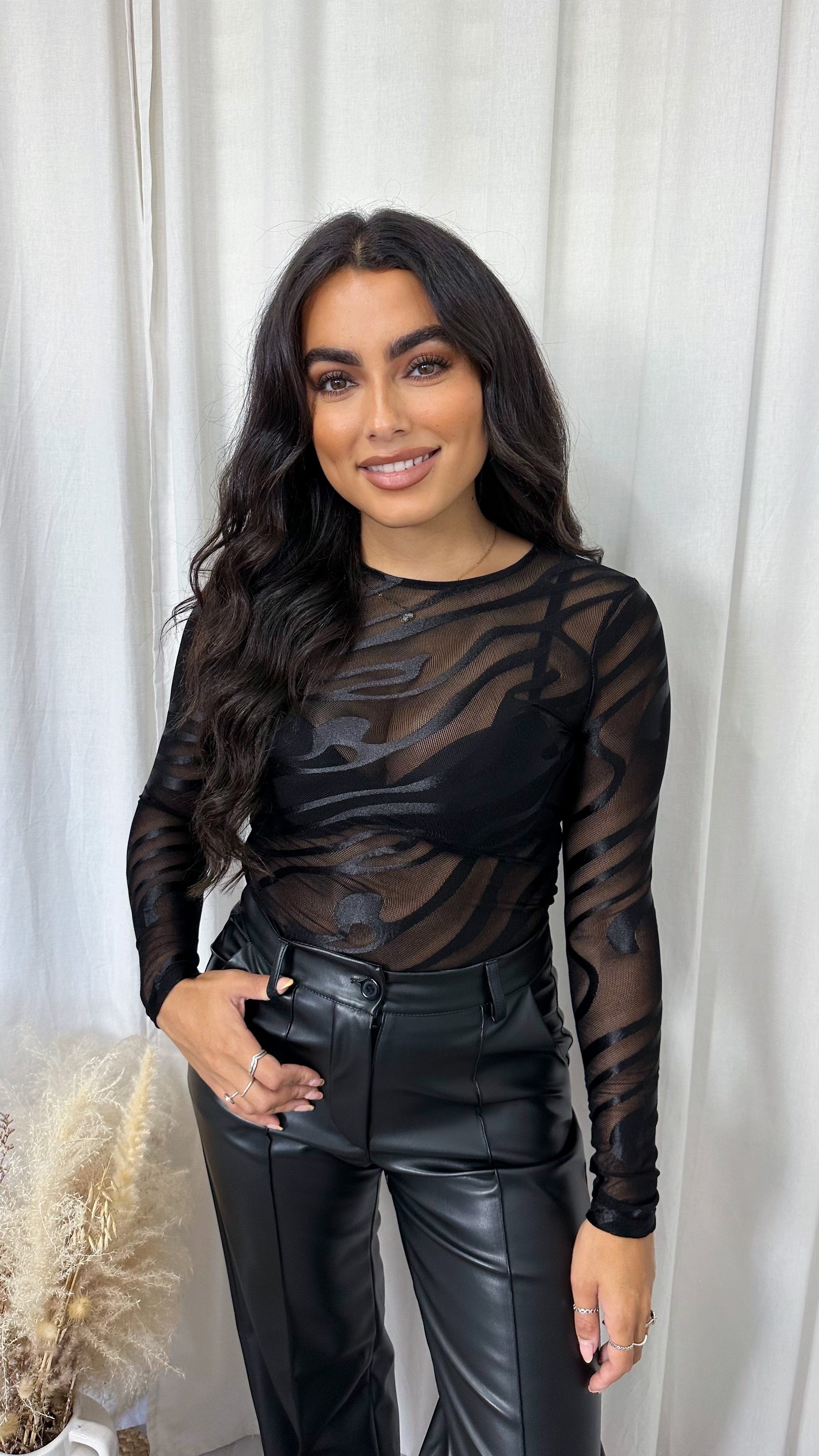 Satin Swirl Mesh Long Sleeve Top - BLACK