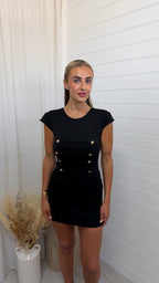 Gold Button Shoulder Padded Dress - BLACK
