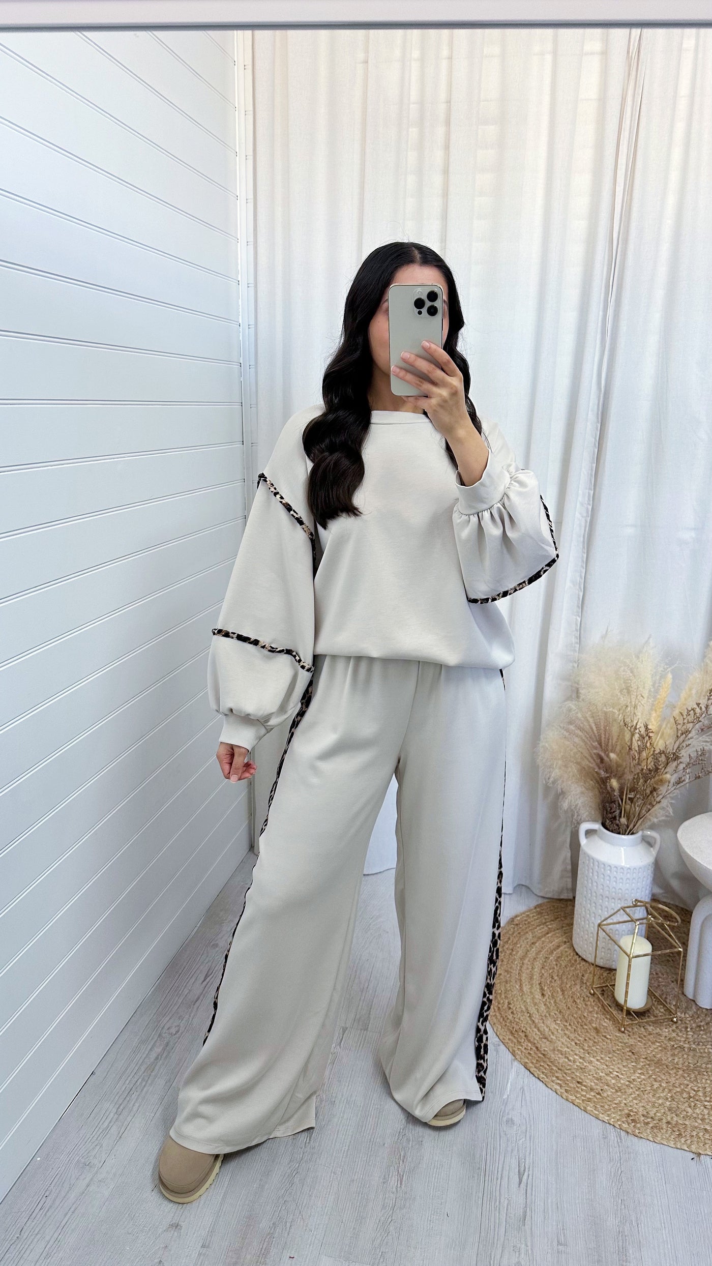 Balloon Sleeve Leopard Trim Sweatshirt and Wide Joggers Co-Ord - LIGHT BEIGE