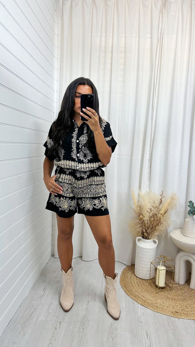 Gold Sparkle Embroidered Shirt and Shorts Co-Ord - BLACK