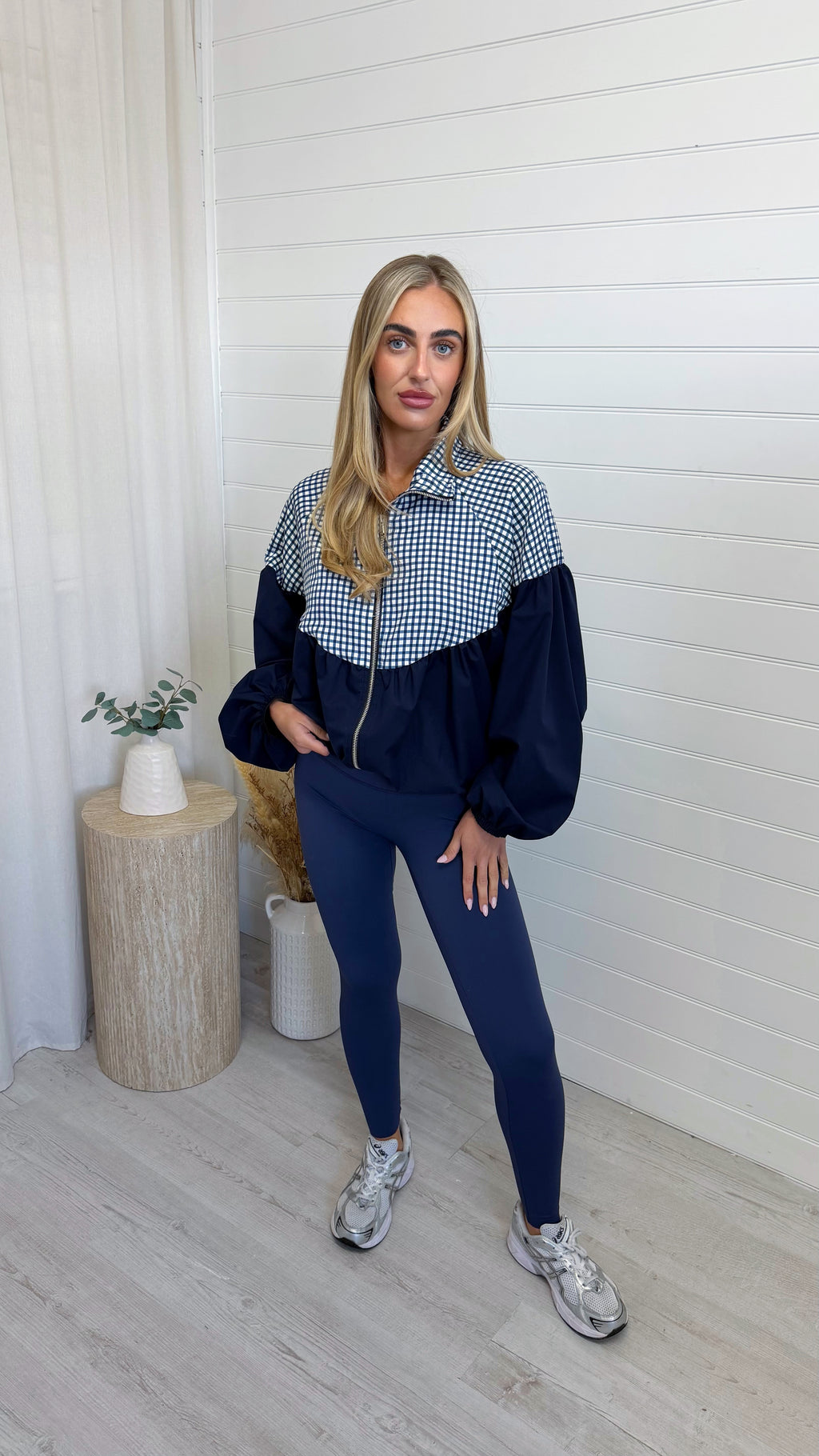 Gingham Puff Ball Jacket - NAVY
