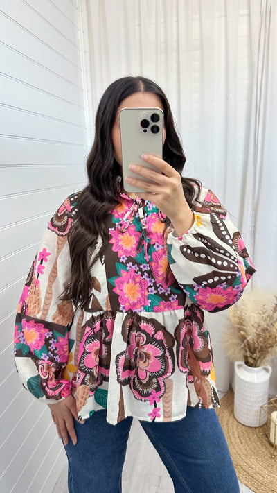 Floral Print Peplum Blouse - PINK/BROWN