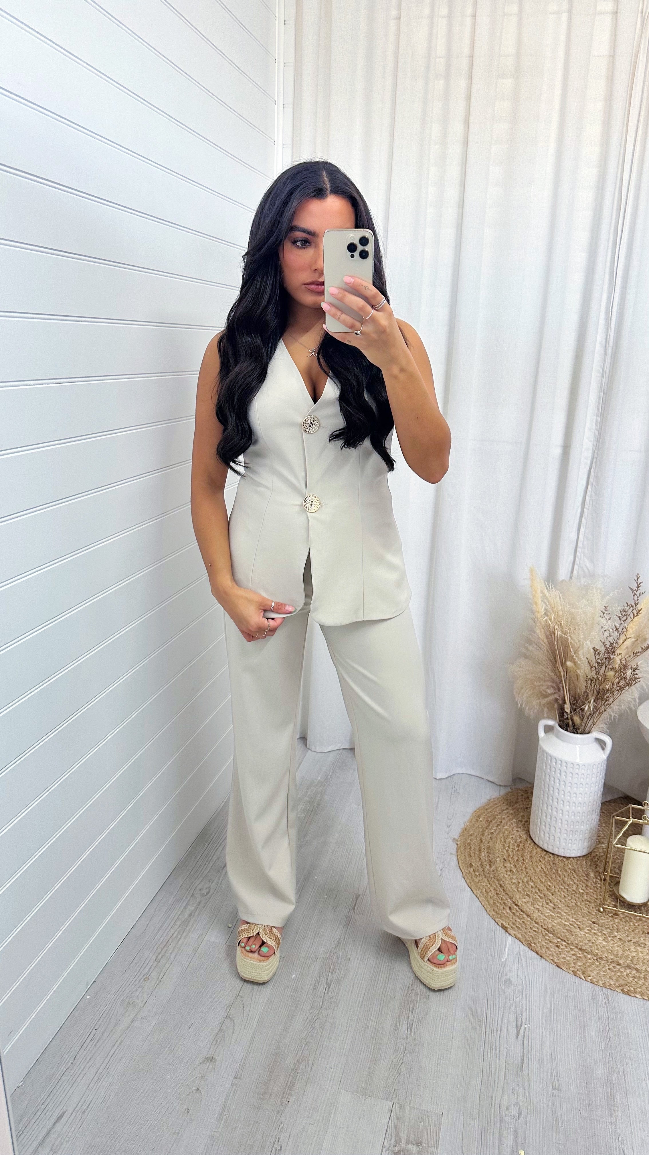 Tailored Gold Button Waistcoat and Trousers Co-Ord - BEIGE