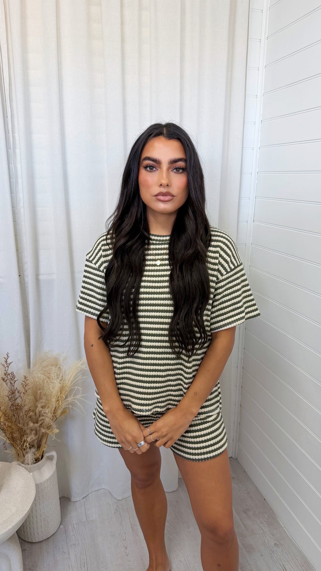 Stripey Knit T-Shirt and Shorts Co-Ord - KHAKI